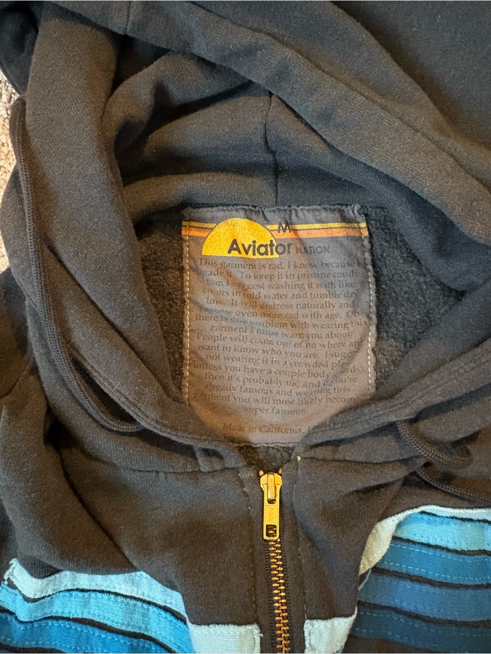 Aviator Nation Grey Zip Hoodie with Blue Stripe Chest - Picture 2 of 3